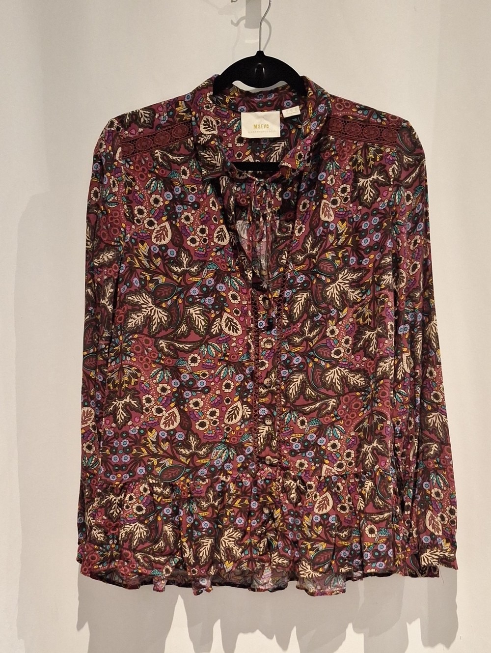 Maeve By Anthropologie Burgundy Floral Tie-Neck Peasant Blouse